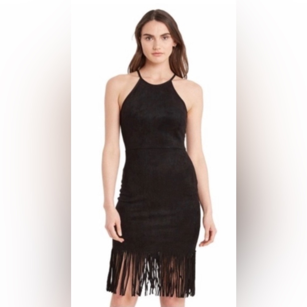 AQUA Faux Suede Fringe Dress | Black | Size Small